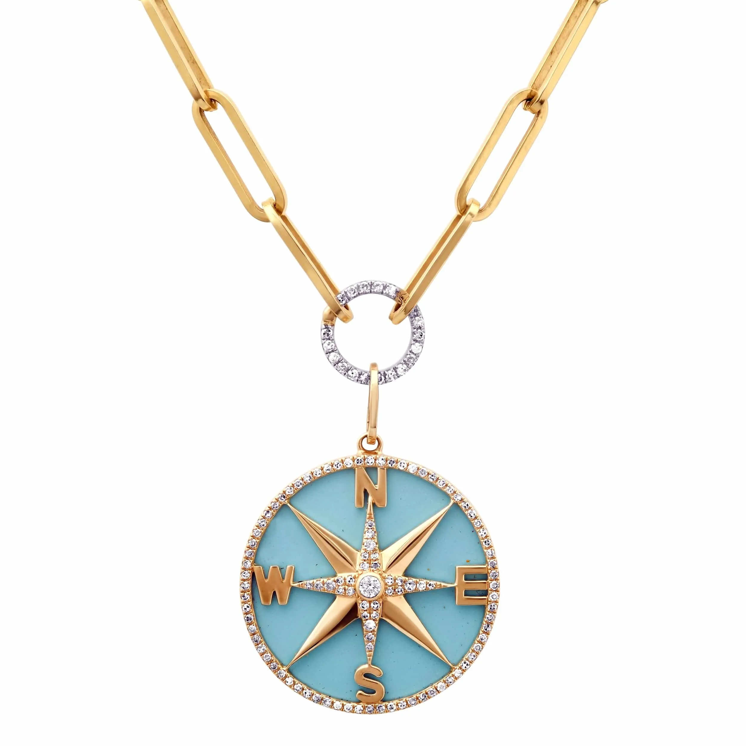 14K Gold Turquoise and Pave Diamond Compass Charm, Medium