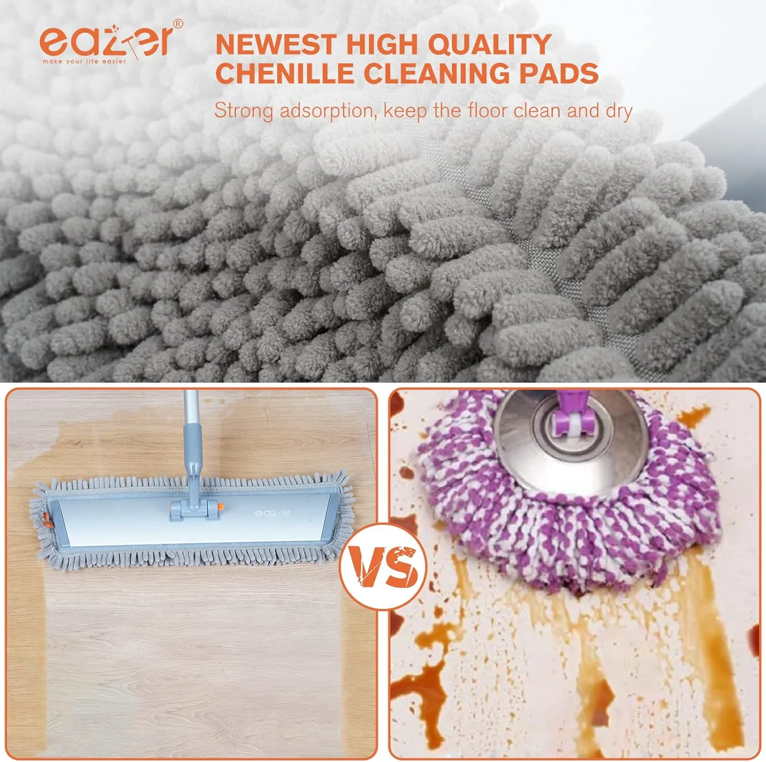 18" Microfiber Flat Mop with 62-inch Aluminum Mop, 4 Washable Chenille & Microfiber Pads