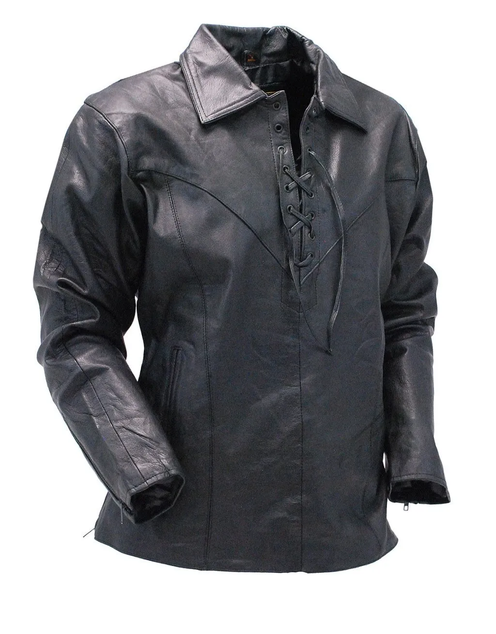 Black Leather Lace Up Pullover Shirt with Side Zippers #MS854LK ()