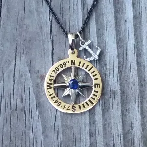 Compass Rose Custom Coordinates 3/4 14K Two-Tone Gold Pendant