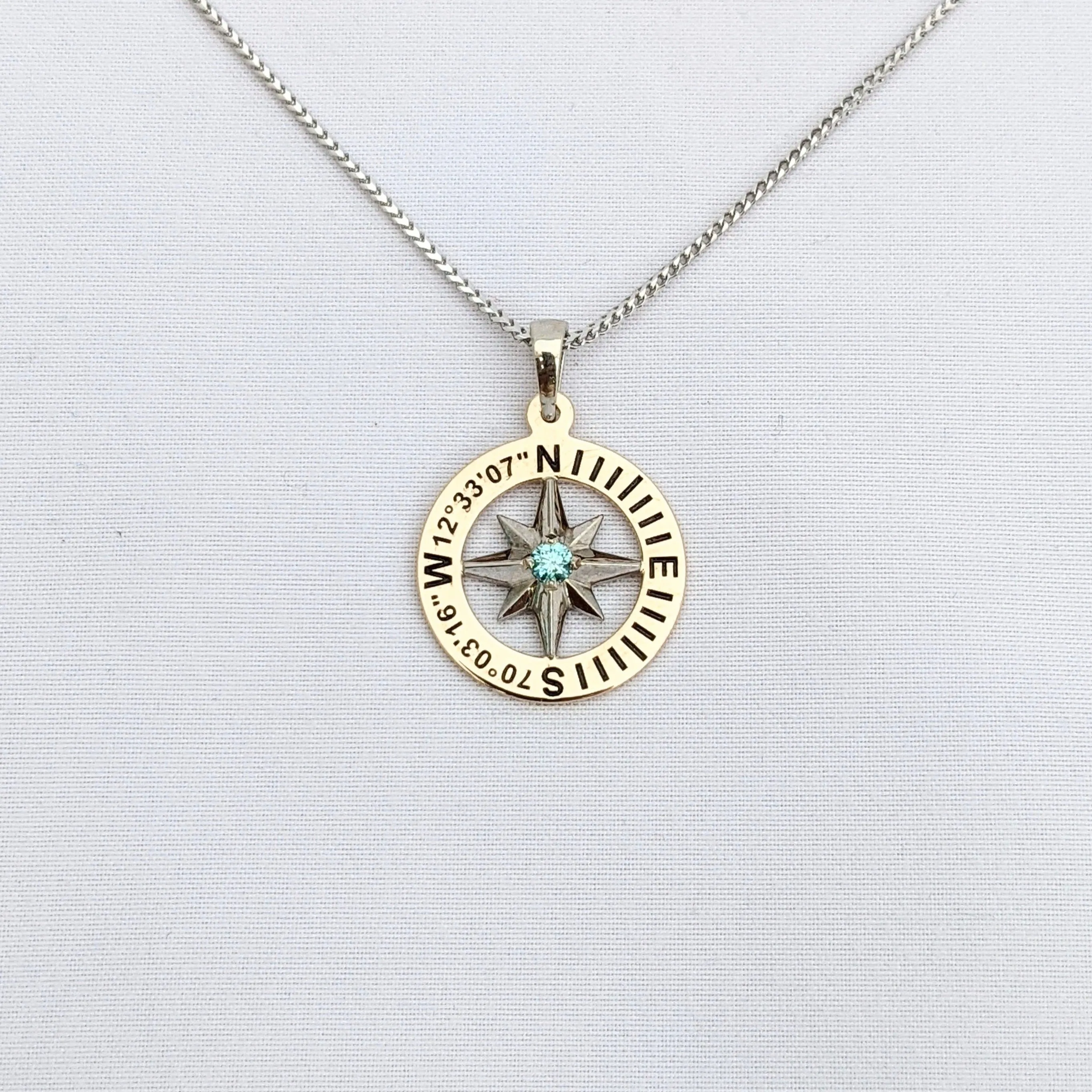 Compass Rose Custom Coordinates 3/4 14K Two-Tone Gold Pendant