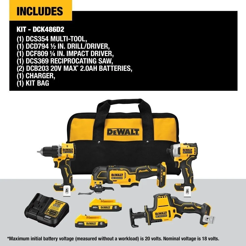 DeWalt DCK486D2 ATOMIC 20-Volt Lithium-Ion Cordless Brushless Combo Kit (4-Tool) with (2) 2.0Ah Batteries, Charger and Bag