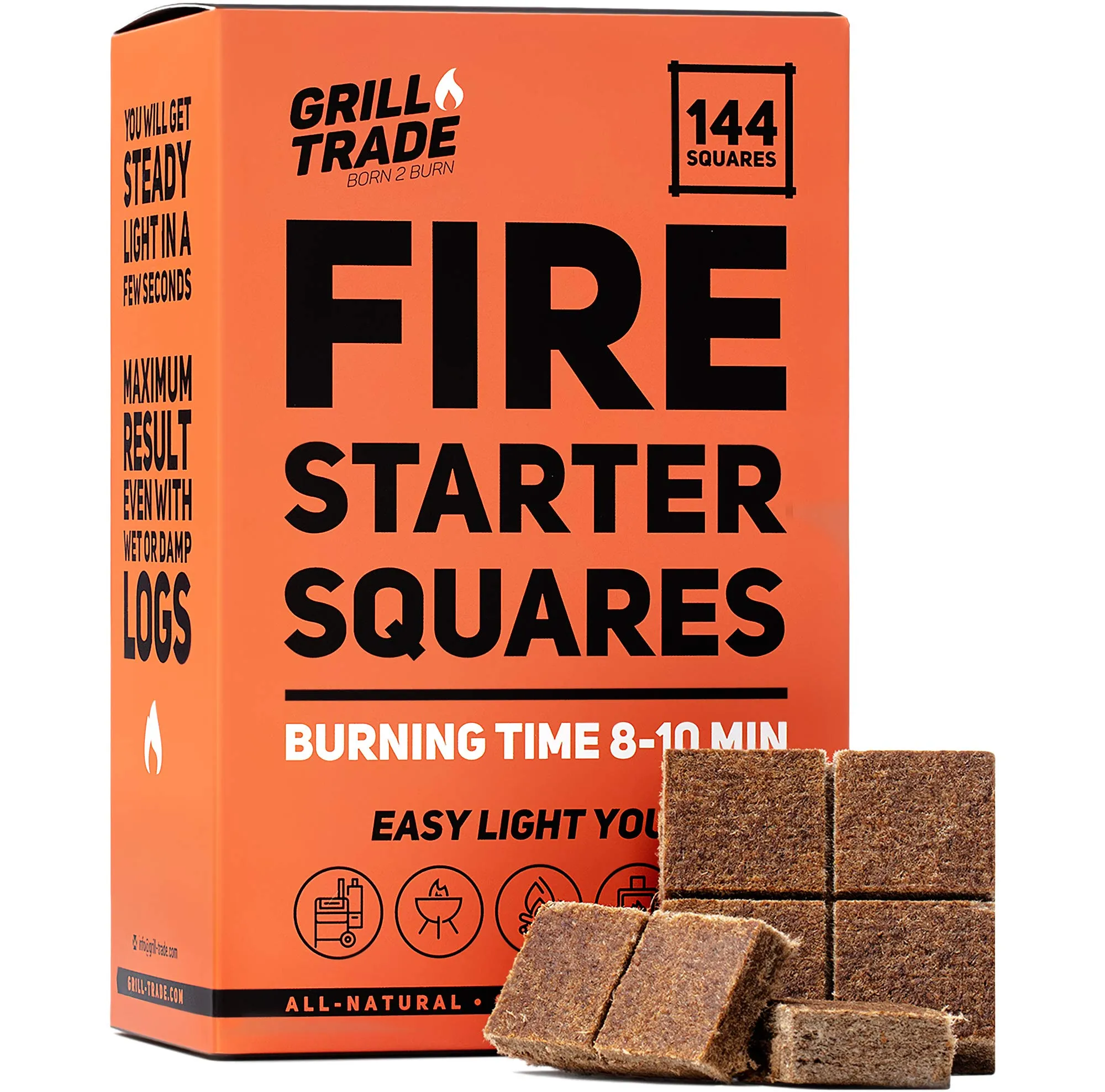 Fire Starter Squares 144, Easy Burn Your Bbq Grill, Camping Fire, Wood Stove, Smoker