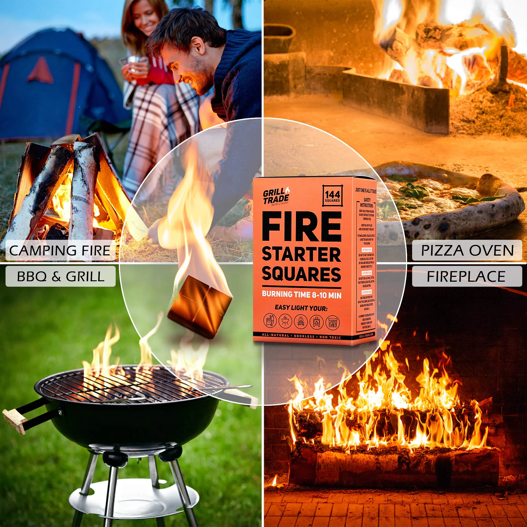 Fire Starter Squares 144, Easy Burn Your Bbq Grill, Camping Fire, Wood Stove, Smoker