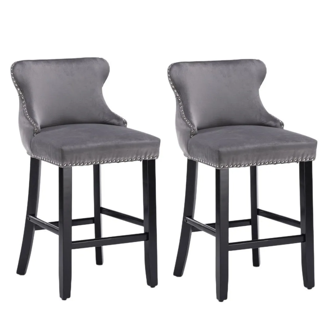 Four Velvet Upholstered Button Tufted Bar Stools with Wood Legs and Studs-Grey