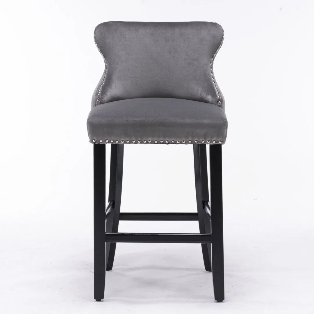 Four Velvet Upholstered Button Tufted Bar Stools with Wood Legs and Studs-Grey