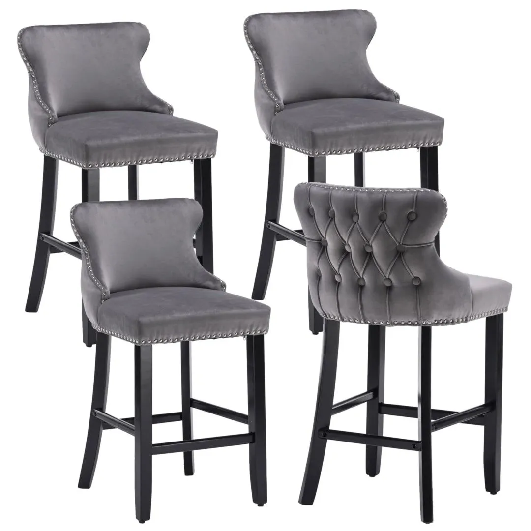 Four Velvet Upholstered Button Tufted Bar Stools with Wood Legs and Studs-Grey