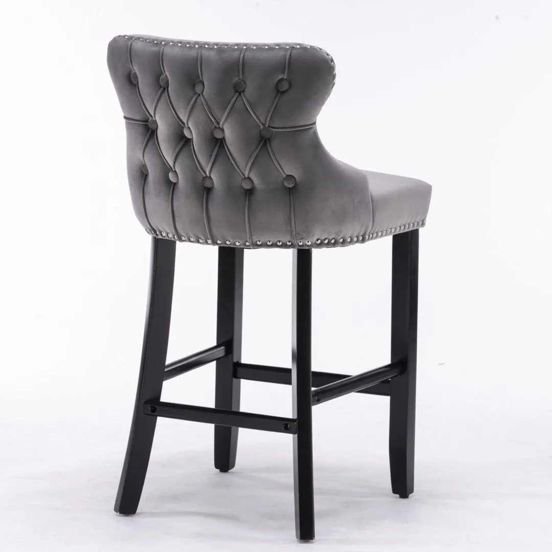 Four Velvet Upholstered Button Tufted Bar Stools with Wood Legs and Studs-Grey