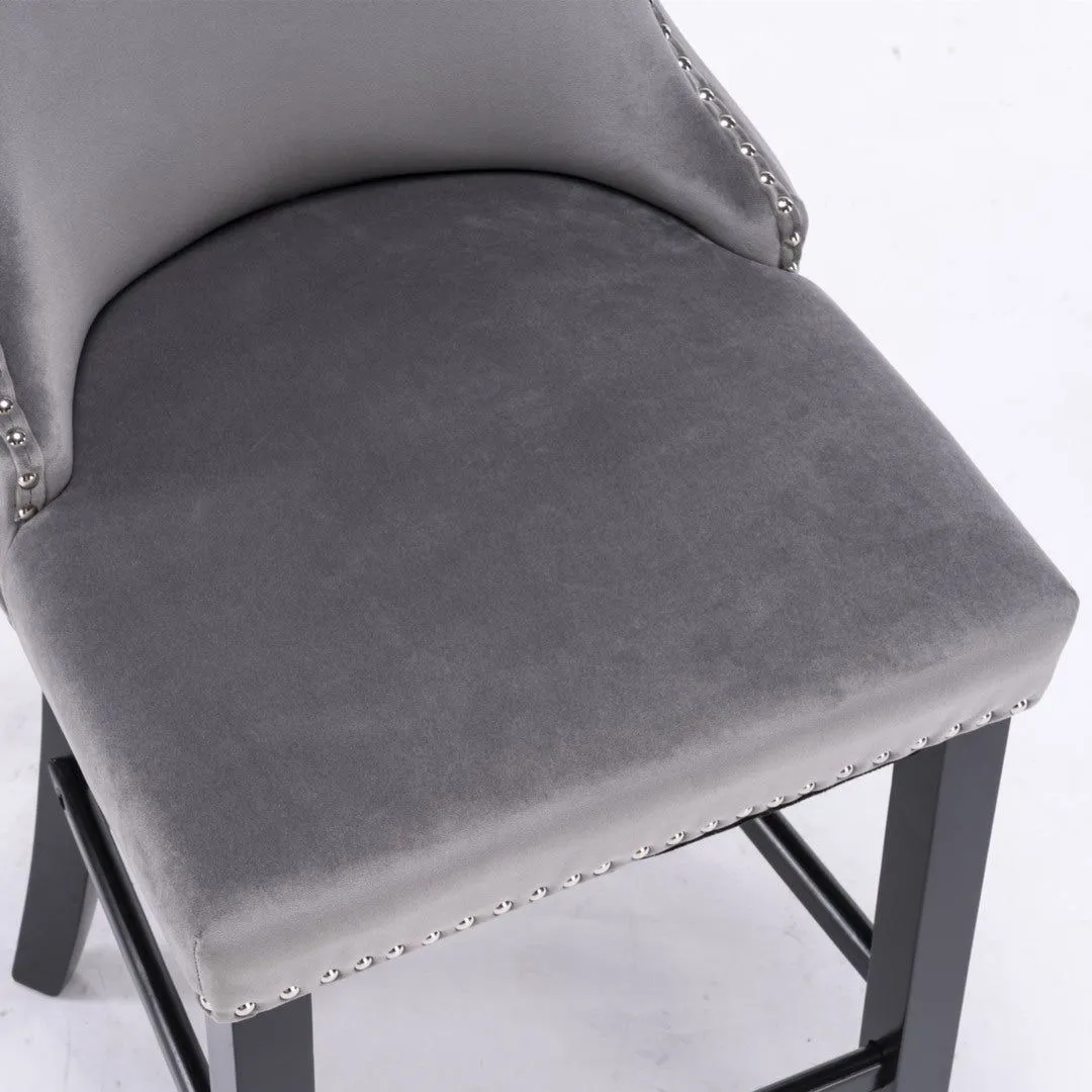 Four Velvet Upholstered Button Tufted Bar Stools with Wood Legs and Studs-Grey