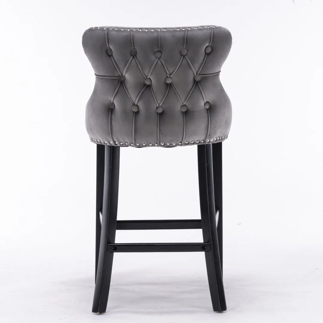 Four Velvet Upholstered Button Tufted Bar Stools with Wood Legs and Studs-Grey