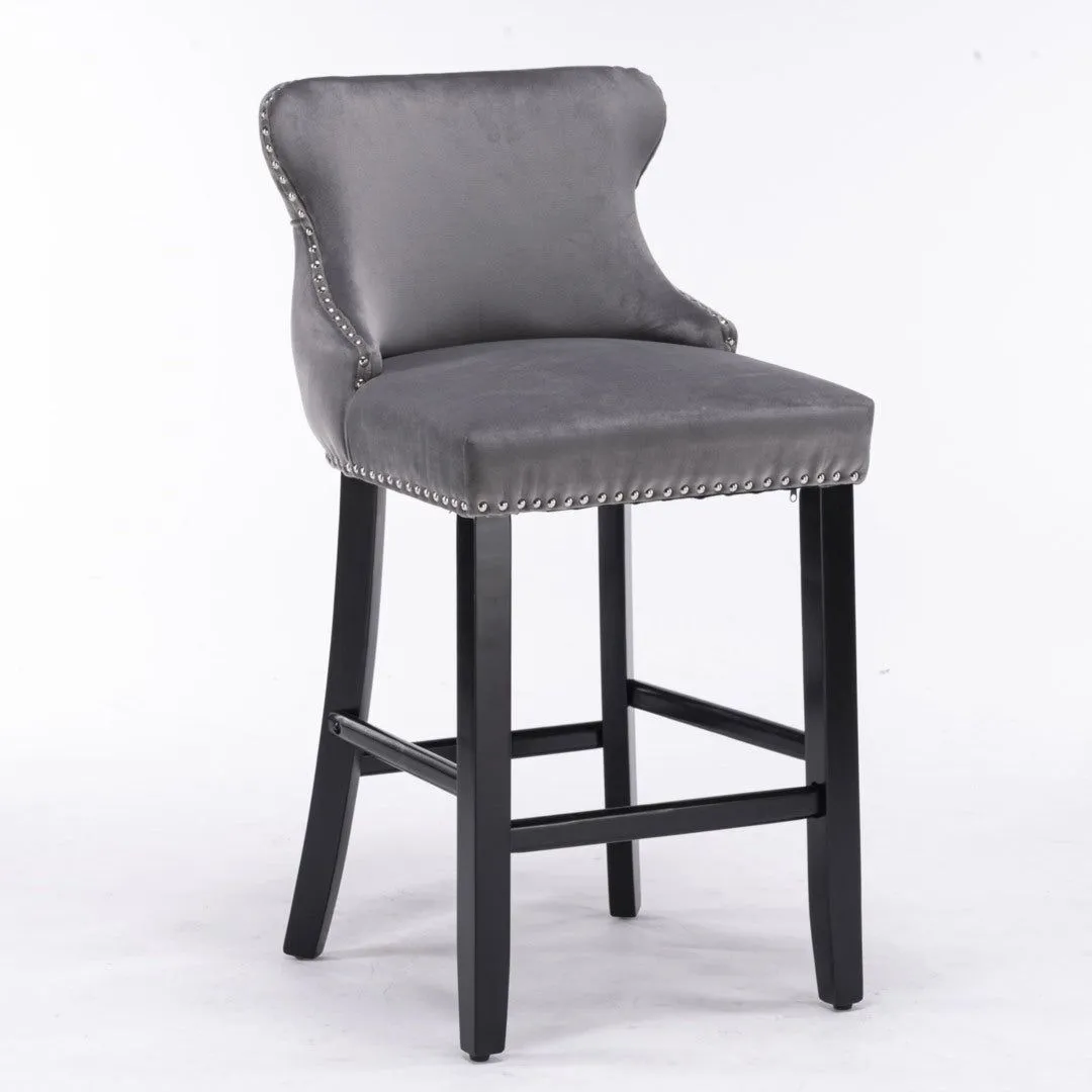 Four Velvet Upholstered Button Tufted Bar Stools with Wood Legs and Studs-Grey