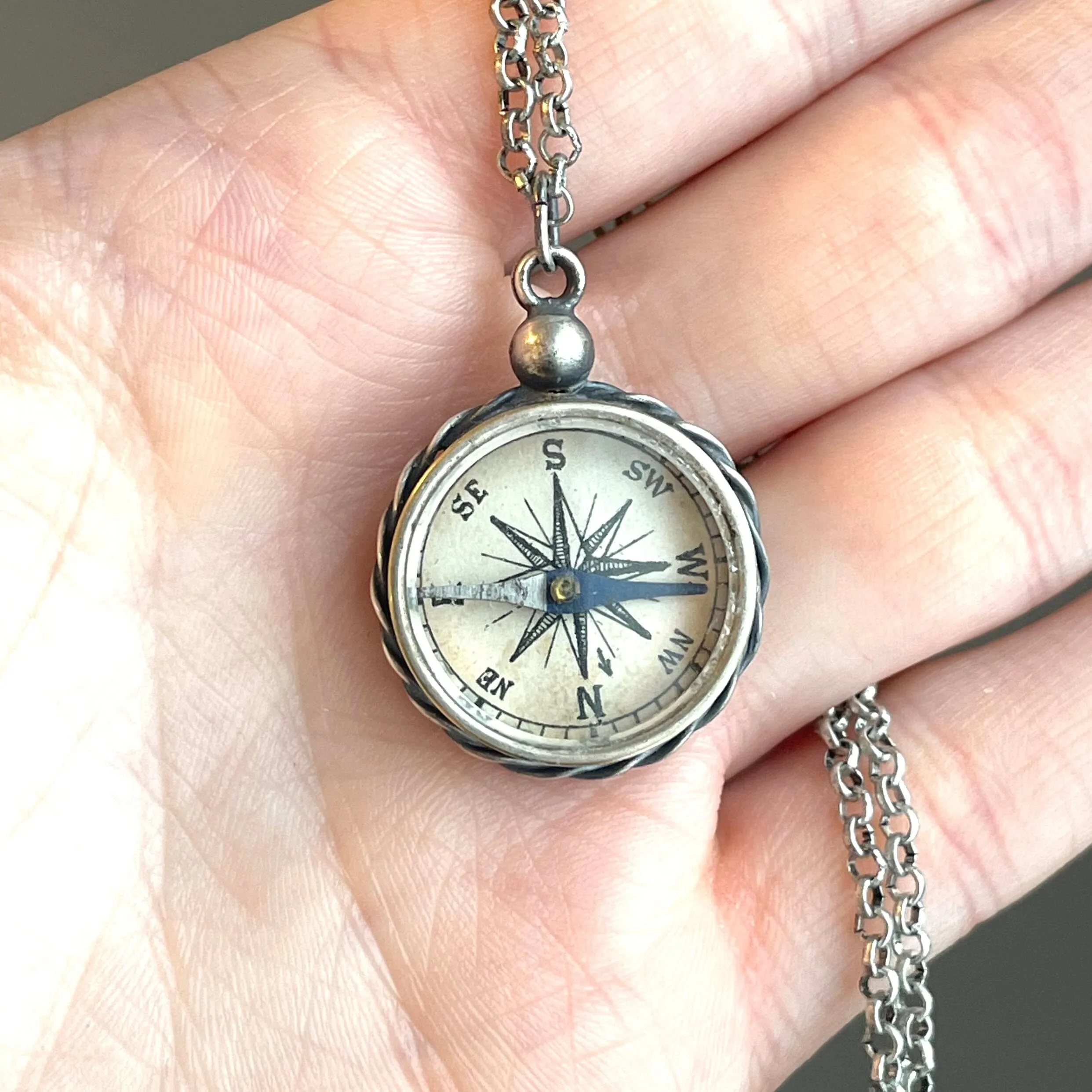 Sterling Silver Working Compass Fob Necklace