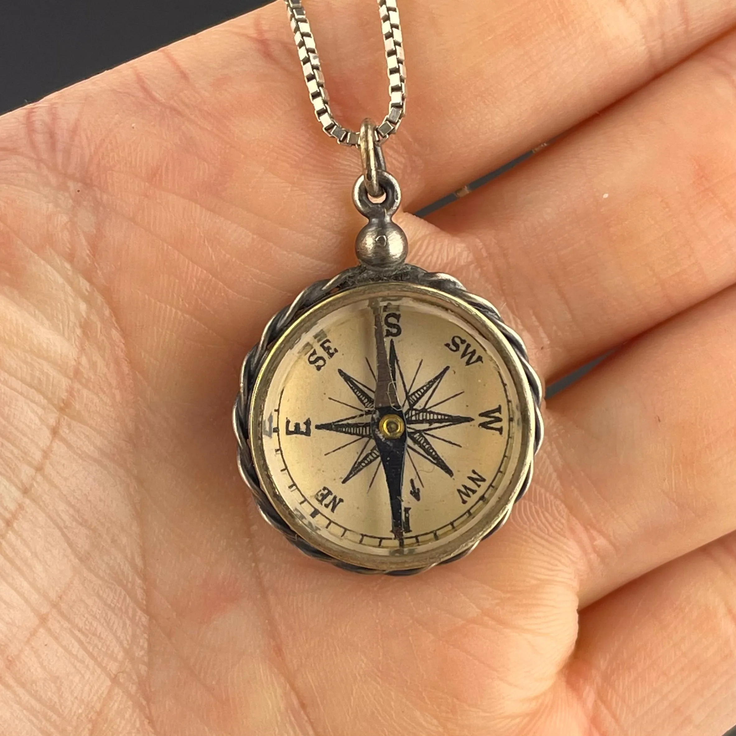 Sterling Silver Working Compass Fob Pendant Necklace