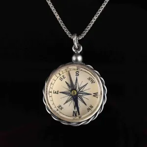 Sterling Silver Working Compass Fob Pendant Necklace