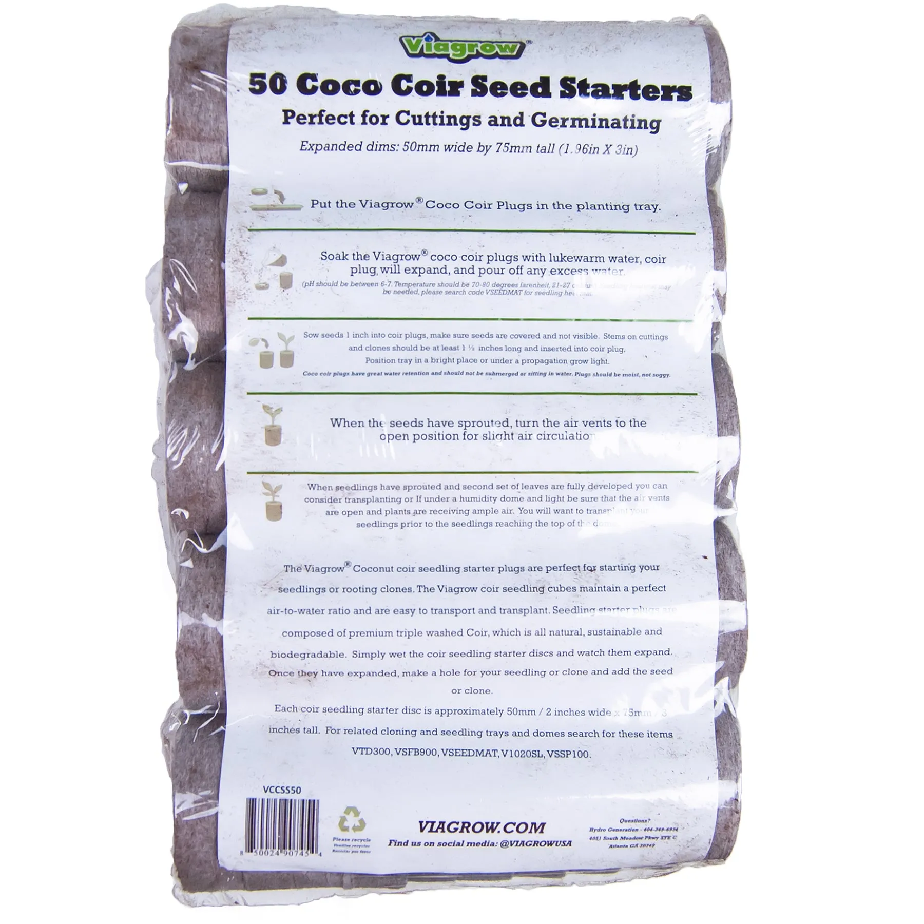 Viagrow Coco Coir Seed Starter Plugs 50 Per Pack, Expandable Coco Discs 50mm (EA)